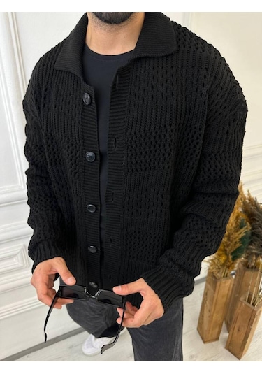 Elku Moda Hırka Oversize Özel Örgülü Triko Desenli Salaş Örgü Hırka Siyah