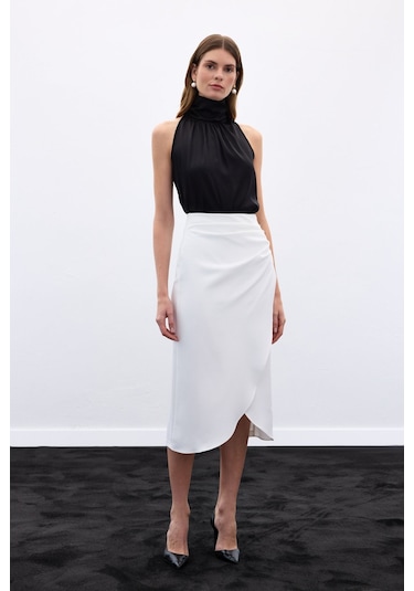 Sateen Düğme Detaylı Kalem Etek - Ekru-136778 Ekru