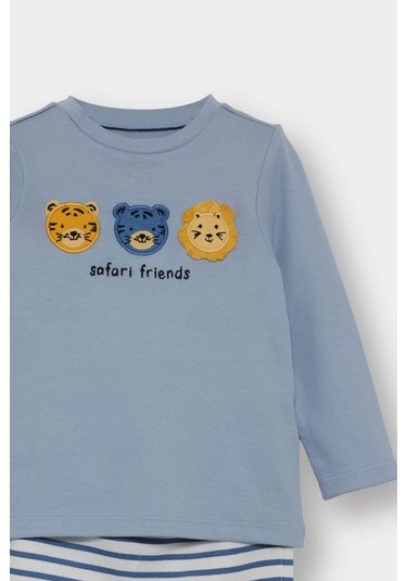 Defacto Erkek Bebek 3lü Takım Kapüşonlu Düğmeli Hırka Baskılı Uzun Kollu Tişört Çizgili Alt F2210a525aube88 Mavi