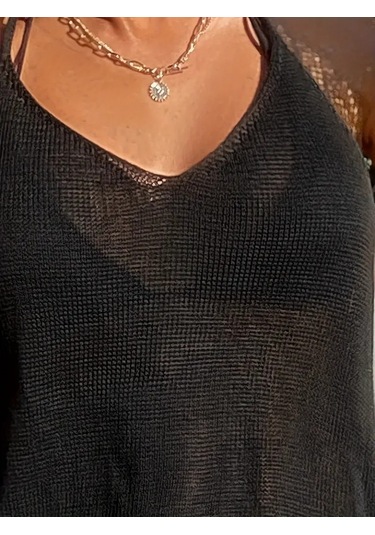 Kadın Eteği Büzgü Detay Boyundan Bağlamalı Mini Triko Pareo Siyah