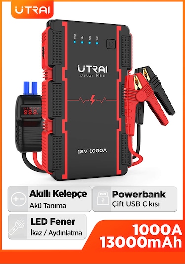 Utrai Jstar Mini 13000 mAh 1000A Jump Starter Taşınabilir Akü Takviye Cihazı + Powerbank + Led Lamba