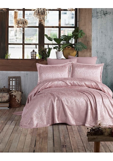 Elart Yatak Örtüsü Takımı Çift Kişilik Jakar Şönil Kumaş Mucize Gülkurusu