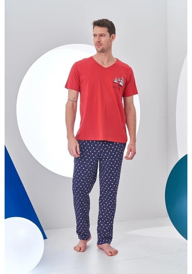 Pjs 24307 Erkek Bordo V Yaka Yelken Baskılı Kısa Kol Pijama Takımı Bordo