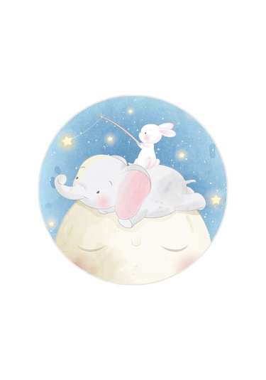 Ay Üstünde Bir Masal Tavşanlı Ve Fil Temalı Yuvarlak Kaymaz Taban Halı Mavi