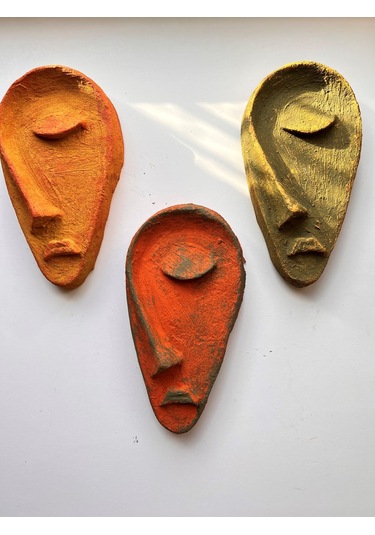 Özel Tasarım El Yapımı Heykel Soyut Yarım Yüz Maske 3'lü Set, Duvar Dekor, Ev-ofis Dekor