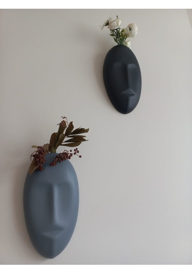 Dekoratif 2'li Yüz Duvar Vazosu, Duvar Süsü ,heykel Aksesuar Siyah Gri