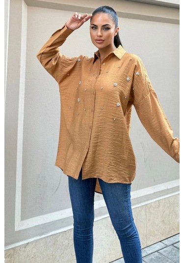 Taş Kahve Keten Taşlı Klasik Gömlek Karamel