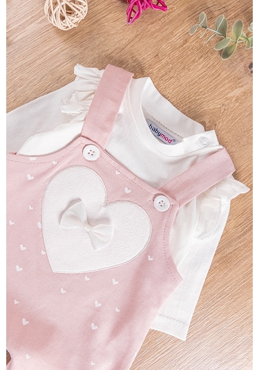 Kalp Desenli Fiyonklu Kız Bebek Tulum Salopet Takım Kırmızı