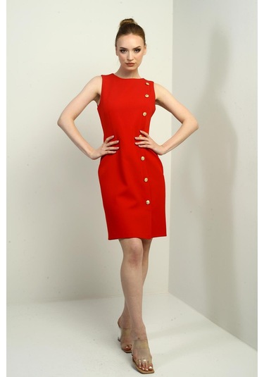 Kadın Kendinden Telalı Yan Düğmeli Kısa Elbise-40797 Kırmızı