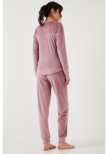 Lela Regular Fit Yumuşak Dokulu Kadife Bayan Pijama Takımı 6094200W4 Pudra