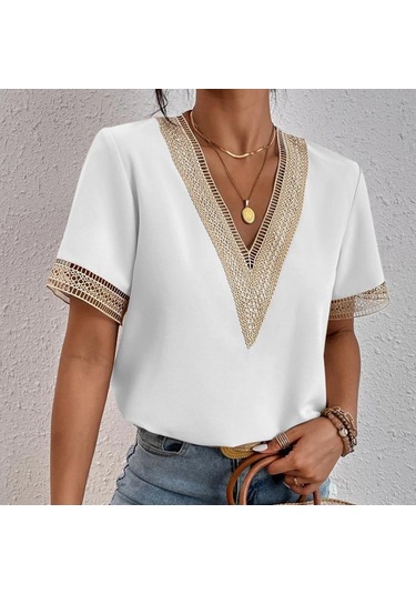 Kadın Modası Rahat Yaz Bahar Düz Renk Baskı Dantel Kısa Kollu V Yaka Bluzlar Ve Gömlekler Beyaz