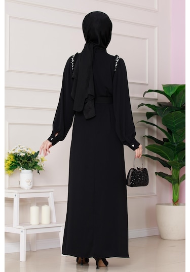 Omuzu Taş Detaylı Rose Elbise-siyah-4773 Siyah
