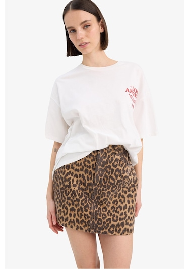 DeFacto Coool Leopar Desenli Normal Bel Gabardin Mini Etek E4398AX25SPBN164 Kahve