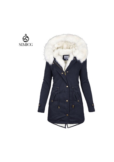 Sonbahar Ve Kış İçin Kadınlara Özel Orta Uzunlukta Kapüşonlu Sıcak Mont Lacivert