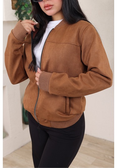 Bomber Kolej Su Geçirmez Ceket Kahverengi Süet