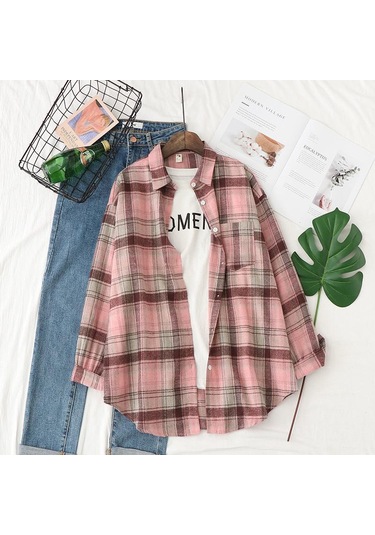 Pembe Qooth Kadın Sonbahar Kış Fırçalanmış Ekose Bluz Retro Zarif Gevşek Uzun Kollu Gömlek Ceket Qt1910 Pembe