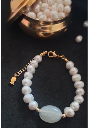 24k Altın Kaplama Gerçek İnci Sedefli Akrilik Detaylı Bileklik Be