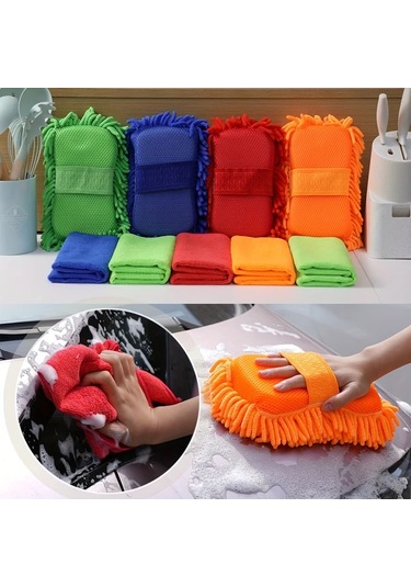 Honeybeeshop 6 Adet Mikrofiber Araba Yıkama Seti Yeşil Chenille Sünger 5 Havlu Süper Emici Çiziksiz
