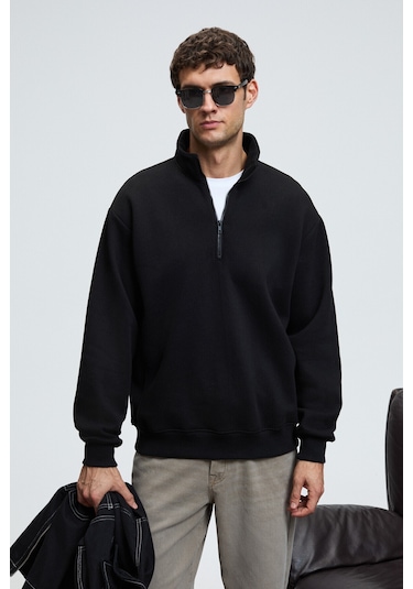 BAXTER Erkek Dik Yakalı Fermuarlı Relaxed Siyah Sweatshirt