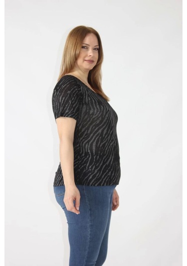 3284 Sırtı Dantel Detaylı Viskon Penye Desenli Bluz Siyah-krem