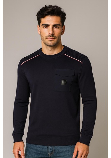 Erkek Triko Bisiklet Yaka Cep Detaylı Lacivert 3753 Lacivert