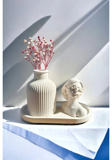 Dekoratif Kadın Figür Mini Kuru Çiçek Vazosu Set Stand Dahildir Beyaz