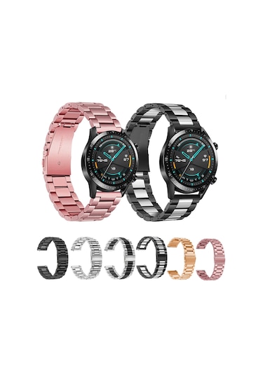 Springsun Huawei Watch Gt2 46mm, Honor Magic Watch 2/1 46mm Uyumlu 22mm Paslanmaz Çelik Üç Pırlanta Kordon - Orta Gümüş, Kenar Siyah