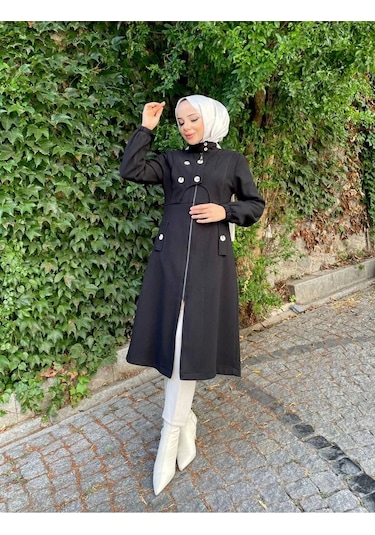 Ara Boy Önü Düğmeli İthal Kaşe Kaban / M0111 - Siyah Siyah