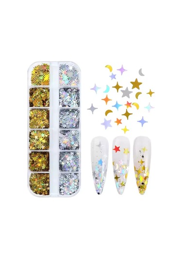Holografik Gold Gümüş Ay Ve Yıldızlar Tırnak Süsleme Folyo Pulları Mix Nail Art