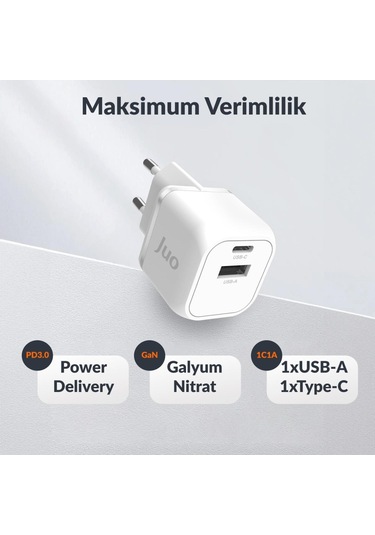 Juo 20W GaN USB-C + USB-A Şarj Aleti iPhone & iPad & Android Uyumlu PD QC4.0 Type-C Hızlı Şarj Cihazı Beyaz