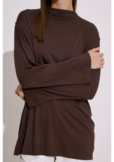 Dökümlü Uzun Kol Bluz Kahverengi Kahverengi