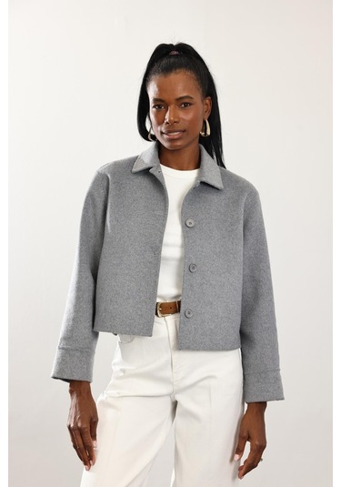 Gri Gömlek Yaka Kısa Yün Ceket Gri