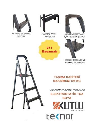 Kutlu Dayanıklı 2+1 Metal Basamaklı Merdiven