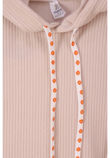 Monox Kız Çocuk Çiçek Baskılı İpli Şeritli Pantolon Fitilli Polar Takım Bej