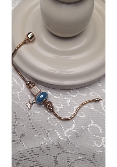 Uzel Xuping Gold Altın Renk Küp Taşlı, Mavi Boncuklu, Taşlı Kelebek Charmlı Çelik Bileklik Mavi