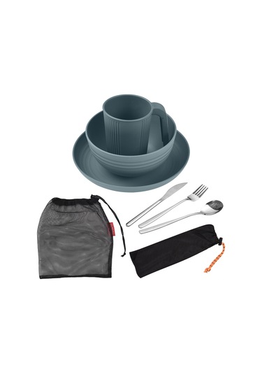 Samdoo Mavi 1 Kişilik Kamp Malzemesi: Buğday Samanı Tabak, Kase, Bardak Ve Paslanmaz Çelik Beste Bıçak, Kaşık, Çatal - Outdoor Piknik Yemeği Seti Mavi