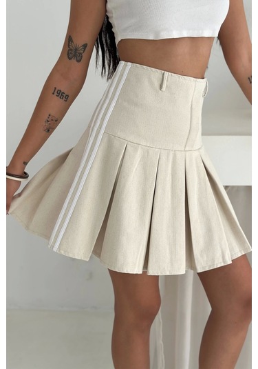 Piliseli Gizli Fermuar Detaylı Etek Krem