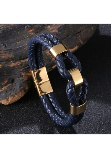 Örme Deri İp Erkek Takı Moda Paslanmaz Çelik Erkek Deri Bileklik Çift Katmanlı Tasarım Çok Renkli Kombinasyon Takı Lacivert