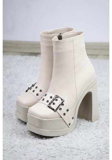 Asmi Shoes Kadın Latina 12 Cm Platform Topuklu Fermuarlı Bot Krem Cilt Krem