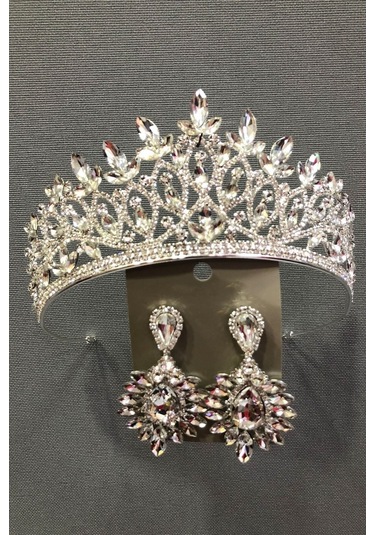 FdayAksesuar Zerda Gümüş Renk Gelin Tacı Ve Küpe Seti FRDY31373