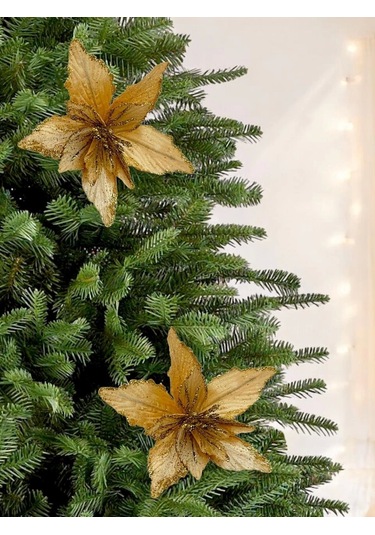 Yılbaşı Ağacı Dekor Süsü Simli Ata Çiçeği Altın 20 Cm