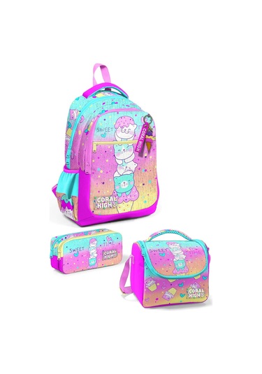 Coral High Kids Renkli Dondurmalı Kedi Desenli 3 Lü Okul Çanta Seti Set0123648