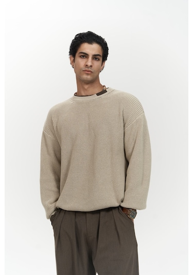 Carter Çift Yaka Detaylı Bej Erkek Triko Kazak Bej