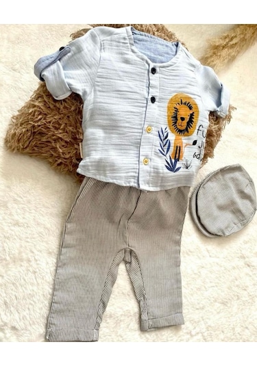Minaz Baby Şapkalı Üçlü Takım Mavi - Gri