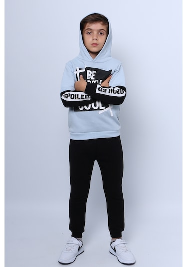 Erkek Çocuk 3 İplik Eşofman Takımı Baskılı Kapşonlu D32 Mavi