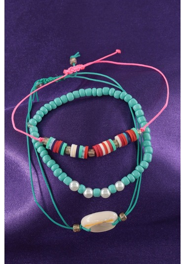 3lü Deniz Kabuğu İncili Boncuklu Asansörlü Lastikli İp Bileklik. Kadın İp Bileklik Halhal Çok Renkli