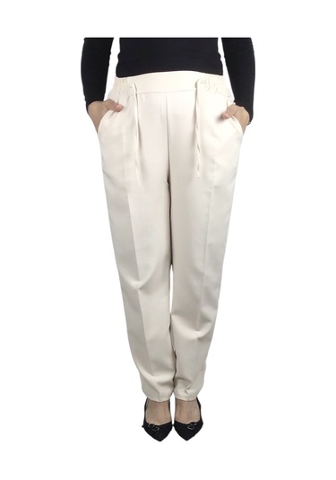 Kadın Beli Lastikli Boru Paça Pantolon Krem