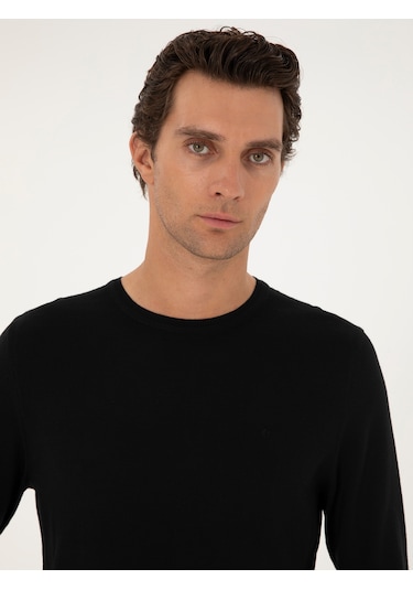 Cacharel Siyah Slim Fit Yün Karışımlı Bisiklet Yaka Basic Triko Kazak