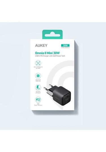 Aukey PA-B1L-BK 30 W Omnia Mini Gan Type-C PD Şarj Adaptörü - Siyah