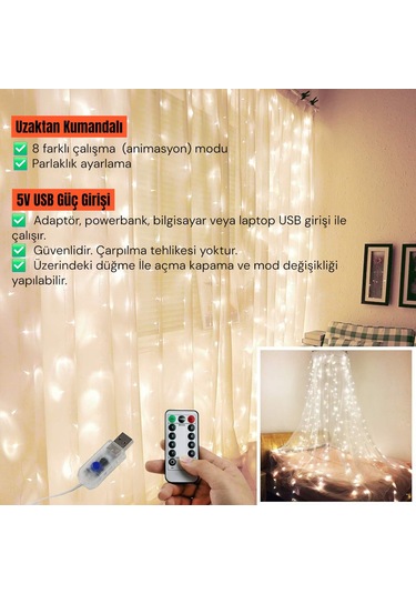 Upway 3x3 Metre Kumandalı 8 Modlu Askılı Usb 300 Led Işıklı Perde Gün Işığı Sarı